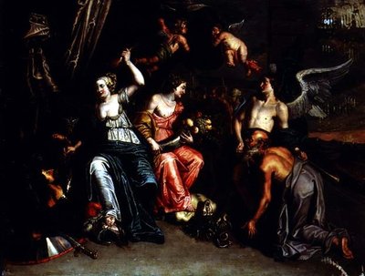 La agricultura acompañada por la Fama adorando a Ceres mientras una arpía es pisoteada y Minerva vence a Marte de Willem van the Elder Herp