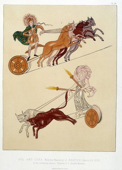 Figuras alegóricas del Sol y la Luna - en "Las miniaturas y ornamentos de los manuscritos anglosajones e irlandeses" de William (1824  after 1913) Day