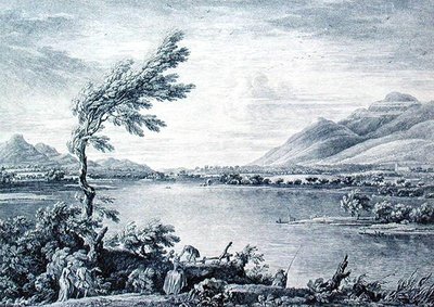 Vista de Derwentwater desde la isla de Vicars hacia Skiddaw, grabado por Chatelin y Grignion de William (after) Bellers