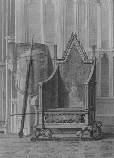 La silla de coronación de los soberanos ingleses, con el escudo y la espada de estado de Eduardo III, Abadía de Westminster de William (after) Capon