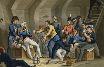 The Cockpit, Battle of the Nile, mostrando a Nelson herido en la batalla, grabado por Matthew Dubourg (fl.1813-20) de 