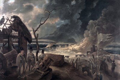 Las consecuencias de la guerra, escena con soldados y cañones. Impresión en color basada en la pintura de William Hodges (1744-1797). de William (after) Hodges