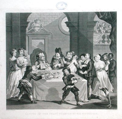 Sancho en el banquete hambriento por su médico, grabado por Thomas Cook (1744-1818) de William (after) Hogarth