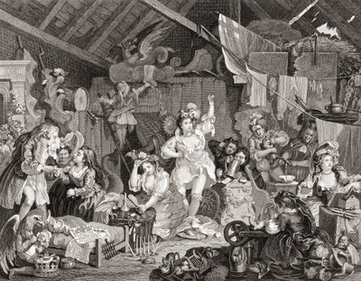 Jugadores ambulantes ensayando en un granero, grabado por G Presbury, de The Works of Hogarth publicado en Londres 1833 de William (after) Hogarth