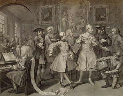 Tom Rakewell rodeado de artistas y profesores, lámina II de The Rake