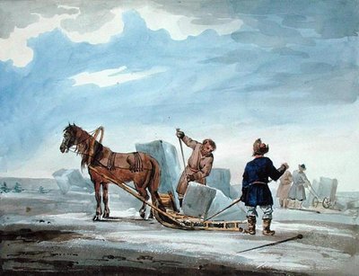 Transporte de hielo en trineo tirado por caballos, de 