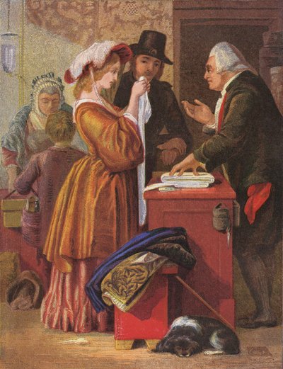 Elegir el vestido de novia (litografía en color) de William (after) Mulready