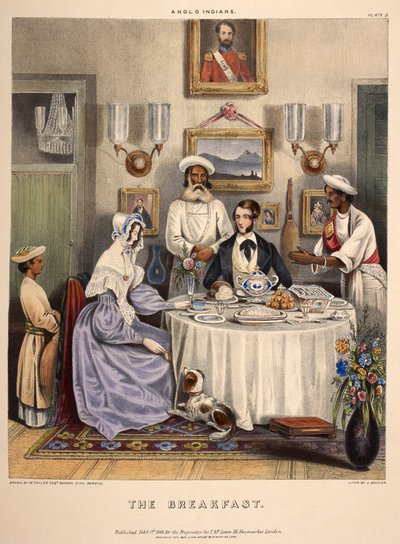 El desayuno. Una joven pareja casada (un funcionario de la Compañía de las Indias Orientales y su esposa) desayunando pescado frito, arroz y naranjas Sylhet, con la asistencia de sirvientes. Litografía de J. Bouvier. de William (after) Tayler