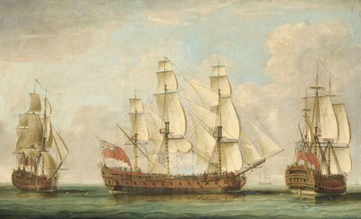 El barco Bessborough de la Honorable Compañía [de las Indias Orientales] en tres posiciones en el Canal de la Mancha con sus cubiertas abarrotadas de gente (óleo sobre lienzo) de William (attr. to) Elliott