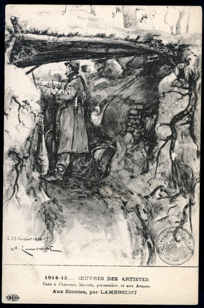Primera Guerra Mundial - Guerra 14-18 (1914-1918) - Primera Guerra Mundial (WWI o WW1): Francia, Mapa Patriótico mostrando un dibujo de un soldado en una trinchera observando la línea del frente, titulado: 