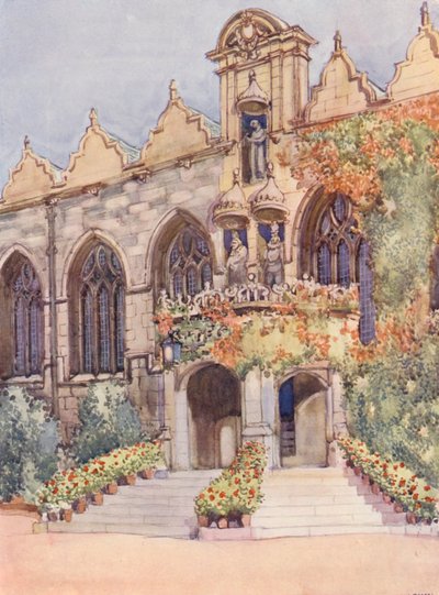 Entrada al Oriel College Hall, con estatuas de la Virgen y el Niño, Eduardo II, fundador nominal del colegio, y Carlos I, en cuyo reinado se construyó el hall (litografía en color). de William Ainsworth Wildman