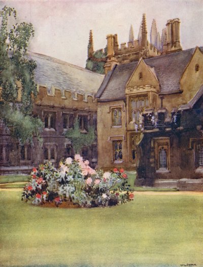 Magdalen College, con la Logia del Presidente y la Torre del Fundador (litografía en color) de William Ainsworth Wildman