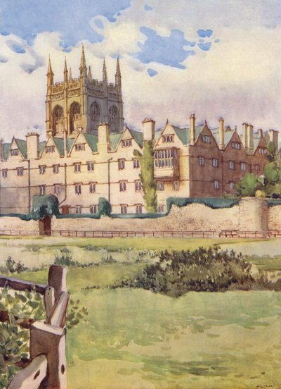 Merton College, en el que se alojó la reina Henrietta Maria durante la Guerra Civil, mostrando un bastión de la antigua muralla de la ciudad (litografía en color) de William Ainsworth Wildman