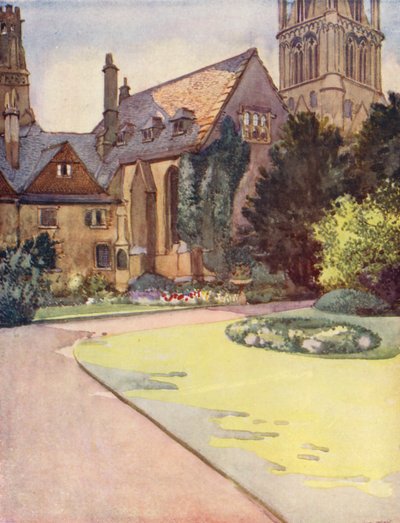 La iglesia catedral de Cristo, antigua iglesia de San Frideswyde, desde el jardín del canónigo (litografía en color) de William Ainsworth Wildman