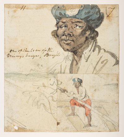 11 11 ‘Uno de los Tripulantes de la barcaza del Virrey, Brasil.’  de un álbum de 372 dibujos de paisajes, costas, disfraces y la vida cotidiana realizados durante la embajada de Lord Macartney ante el emperador de China, entre 1792 y 1794 (lápiz y acuarela de William Alexander