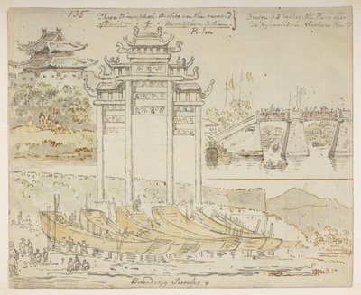 135 Juncos en construcción cerca de un arco de triunfo. “Estos arcos triunfales son la recompensa del Mérito o de las Acciones Meritorias. Puente de 3 arcos. Los muelles son demasiado piramidales. Suchew [Suchow]. Nov 7.