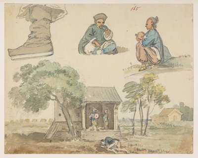 165 Estudios de figuras y santuario.  , de un Álbum de 372 dibujos de paisajes, costas, disfraces y la vida cotidiana realizados durante la embajada de Lord Macartney ante el Emperador de China, entre 1792 y 1794 (lápiz y acuarela sobre papel) de William Alexander