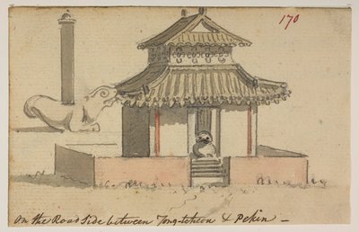 170 Templo ‘En el lado de la carretera entre Tong-tcheon y Pekín’.  , de un álbum de 372 dibujos de paisajes, costas, disfraces y la vida cotidiana realizados durante la embajada de Lord Macartney ante el emperador de China, entre 1792 y 1794 (lápiz y acua de William Alexander