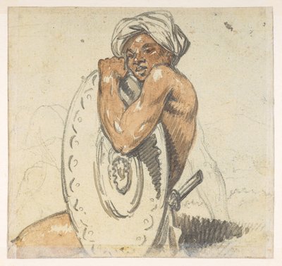 29v Joven con escudo.  de un álbum de 372 dibujos de paisajes, costas, disfraces y la vida cotidiana realizados durante la embajada de Lord Macartney ante el emperador de China, entre 1792 y 1794 (lápiz y acuarela sobre papel) de William Alexander