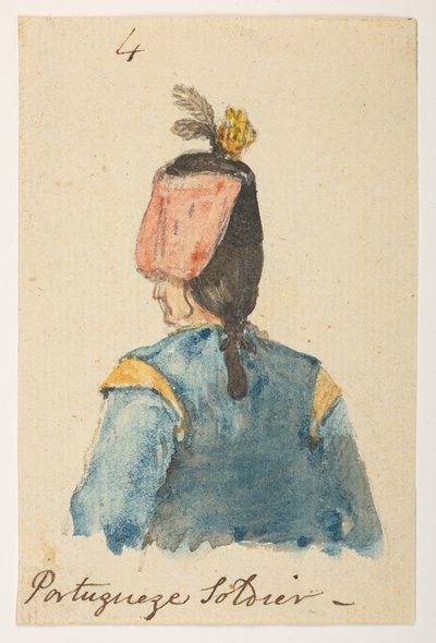 4 4’ Soldado Portugués.’  de un álbum de 372 dibujos de paisajes, costas, disfraces y la vida cotidiana realizados durante la embajada de Lord Macartney ante el emperador de China, entre 1792 y 1794 (lápiz y acuarela sobre papel) de William Alexander