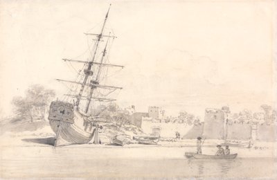 Un pequeño velero atracado en la orilla bajo unos edificios fortificados de William Alexander