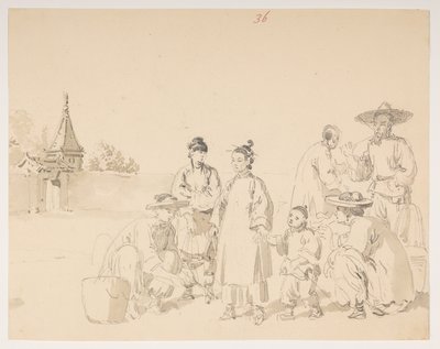 Un grupo, de un álbum de 372 dibujos de paisajes, costas, disfraces y la vida cotidiana realizados durante la embajada de Lord Macartney ante el emperador de China. de William Alexander