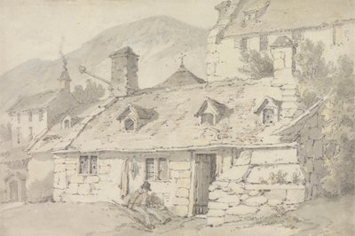Cabañas de piedra en un paisaje montañoso con una figura en primer plano de William Alexander