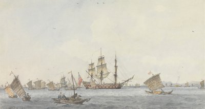 El Hindostan anclado en el estrecho de Mi-a-tau de la ciudad de Ten-choo-fou a la entrada del golfo de Pekín. de William Alexander