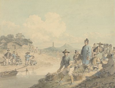 Vista en China: Figuras con pagoda y montaña de William Alexander