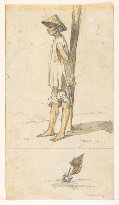 f.5 32v Joven apoyado en un árbol;un barco. 