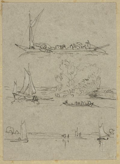 Tres bocetos de barcos en el río Düsseldorf de William Alfred Delamotte