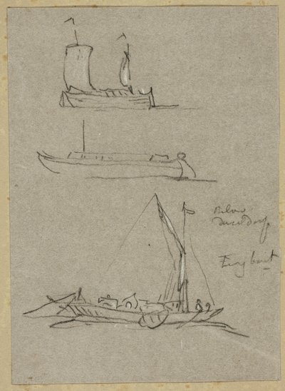 Tres bocetos de barcos en el río Düsseldorf de William Alfred Delamotte