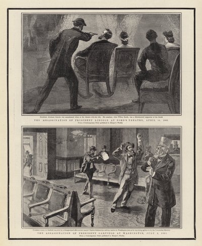 El Asesinato del Presidente Lincoln en el Teatro Ford, 14 de abril de 1865, el Asesinato del Presidente Garfield en Washington, 2 de julio de 1881 de William Allen Rogers