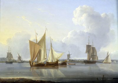 Llegada a Limehouse, Londres (Inglaterra), varios barcos en el Támesis y un molino en la orilla, y a la derecha el Hospital de Greenwich. Óleo sobre lienzo, hacia 1820, de William Anderson (1750-1778). de William Anderson