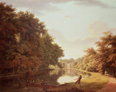 Bote en el río Clodiagh en Charleville Forest, Offaly con la Granja Castellada y la Lechería Gótica al fondo, c.1810 de William Ashford