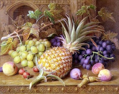 Una naturaleza muerta de una piña, uvas, duraznos, fresas y avellanas en un aparador de William B. Hough