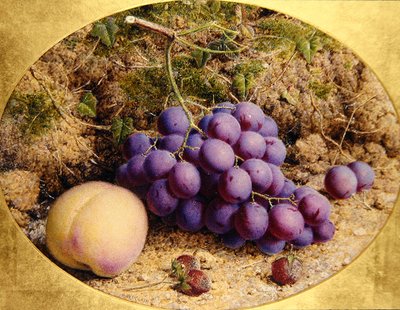 Uvas y durazno en un banco musgoso de William B. Hough