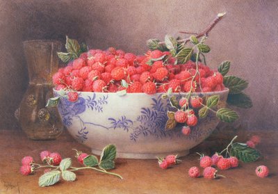 Naturaleza muerta de frambuesas en un cuenco azul y blanco de William B. Hough
