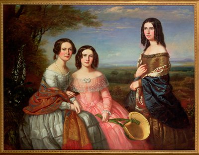 Un retrato de grupo de tres niñas, tres cuartos de longitud, en un paisaje, 1849 de William Baker