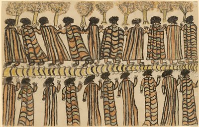 Figuras con capas de piel de zarigüeya de William Barak