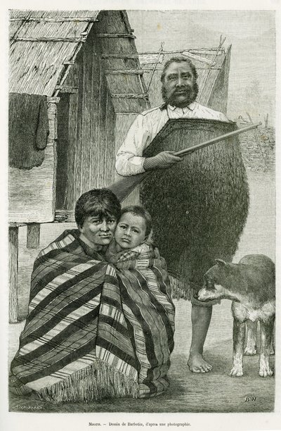 Tres generaciones de maoríes. Grabado por Barbotin, para ilustrar la historia Viaje a Nueva Zelanda, en 1889, por G.Verschuur, en le tour du monde 1890, dirigido por Edouard Charton (1807-1890), Hachette, París. de William Barbotin