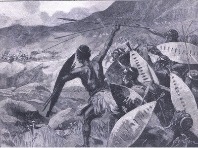 Lucha en las colinas de Matoppo: carga de los Matabele, ilustración de la Historia de Inglaterra de Cassell, 1900s de William Barnes Wollen