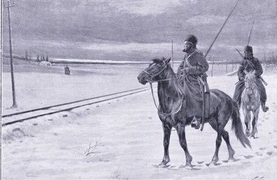 Vigilando el ferrocarril cerca de Mukden, ilustración de la Historia de la Guerra Ruso-Japonesa de Cassell Vol 1, c.1900 de William Barnes Wollen