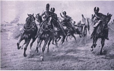 Cañones al frente: Waterloo, 18 de junio de 1815, ilustración de Batallas Británicas en Tierra y Mar, 1915 de William Barnes Wollen