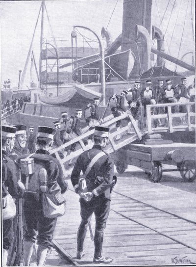 Tropas japonesas embarcando en Kobe, ilustración de la Historia de la Guerra Ruso-Japonesa de Cassell Vol 1, c.1900 de William Barnes Wollen