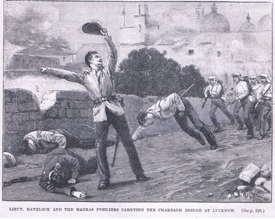 Teniente Havelock y los fusileros de Madrás tomando el Puente Charbagh en Lucknow 1857 AD de William Barnes Wollen