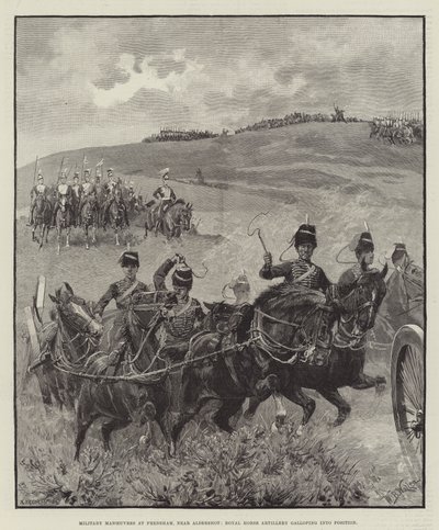 Maniobras militares en Frensham, cerca de Aldershot, Artillería Real a Caballo galopando a posición de William Barnes Wollen
