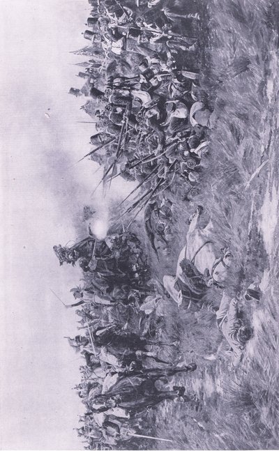 El 28º Regimiento de Gloucester recibiendo a la caballería francesa en Waterloo, 18 de junio de 1815, ilustración de Batallas Británicas en Tierra y Mar, 1915 de William Barnes Wollen