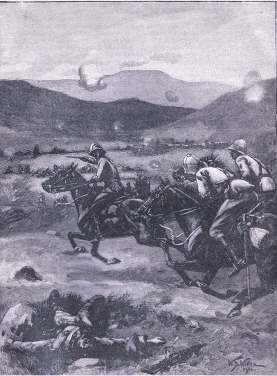 La batalla de Colenso: El teniente Roberts galopando para recuperar el desastre de los cañones, ilustración de la Historia de Inglaterra de Cassell, 1900s de William Barnes Wollen