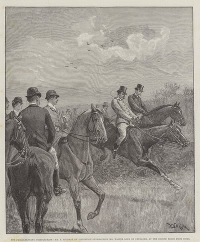 La Carrera de Obstáculos Parlamentaria, el Sr. F Mildmay en Discretion alcanzando al Sr. Walter Long en Crusader, en la Segunda Valla desde Casa de William Barnes Wollen